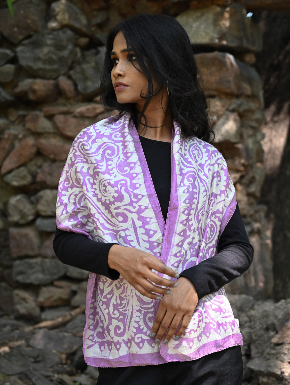 Light & Soft. Handcrafted Silk Batik Scarf - Lavender Vines