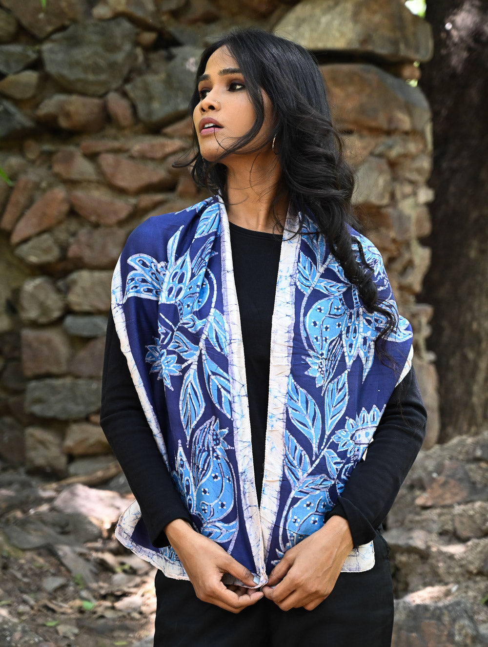 Light & Soft. Handcrafted Silk Batik Scarf - Indigo Grove