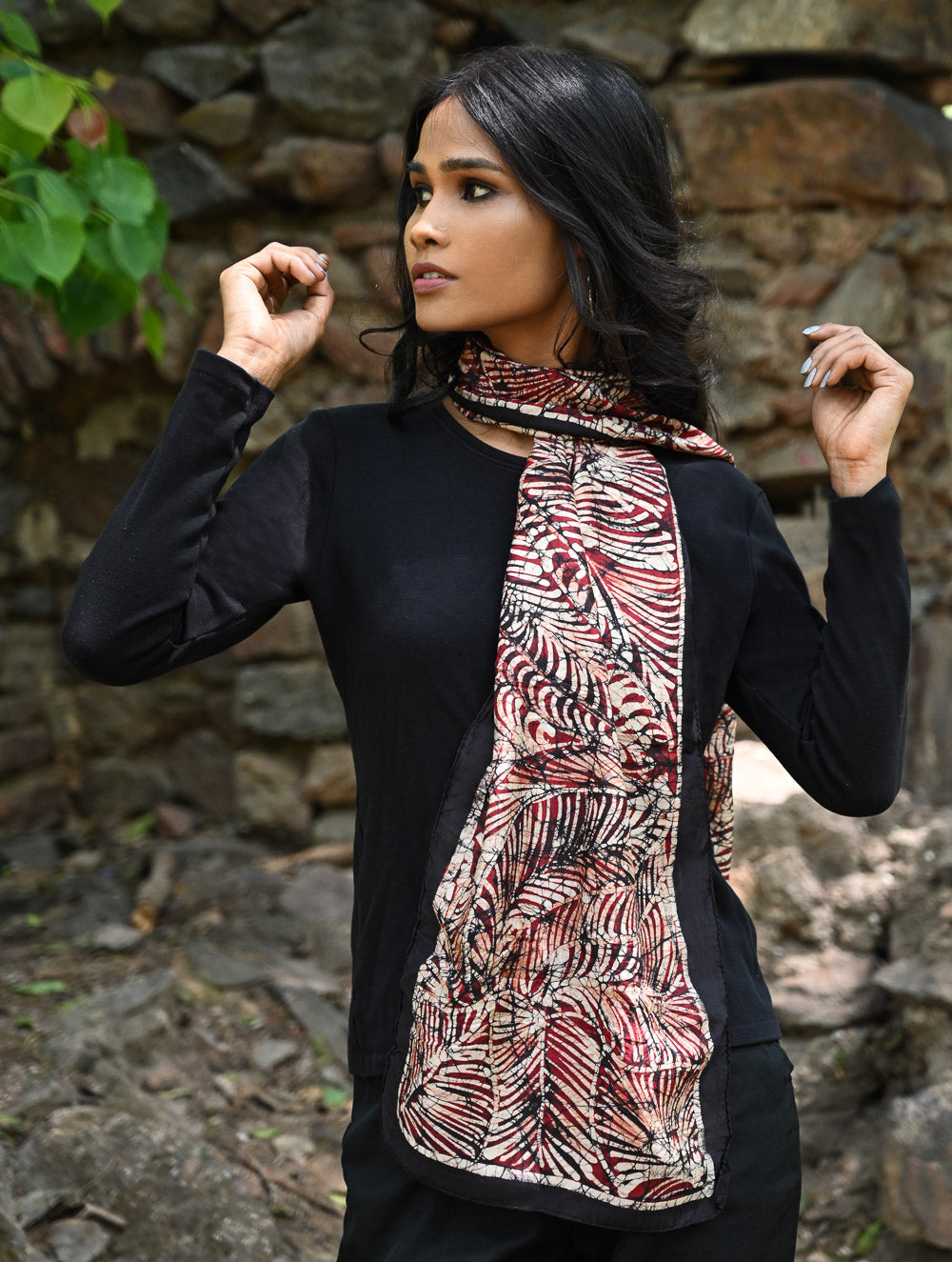 Light & Soft. Handcrafted Silk Batik Scarf - Crimson Canopy