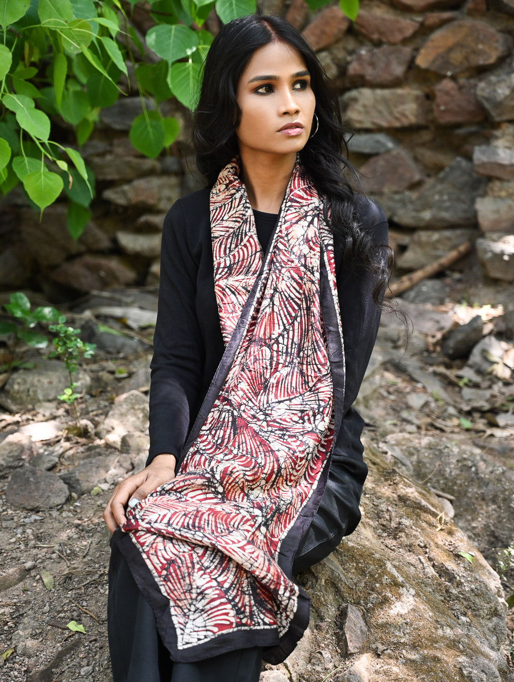 Light & Soft. Handcrafted Silk Batik Scarf - Crimson Canopy
