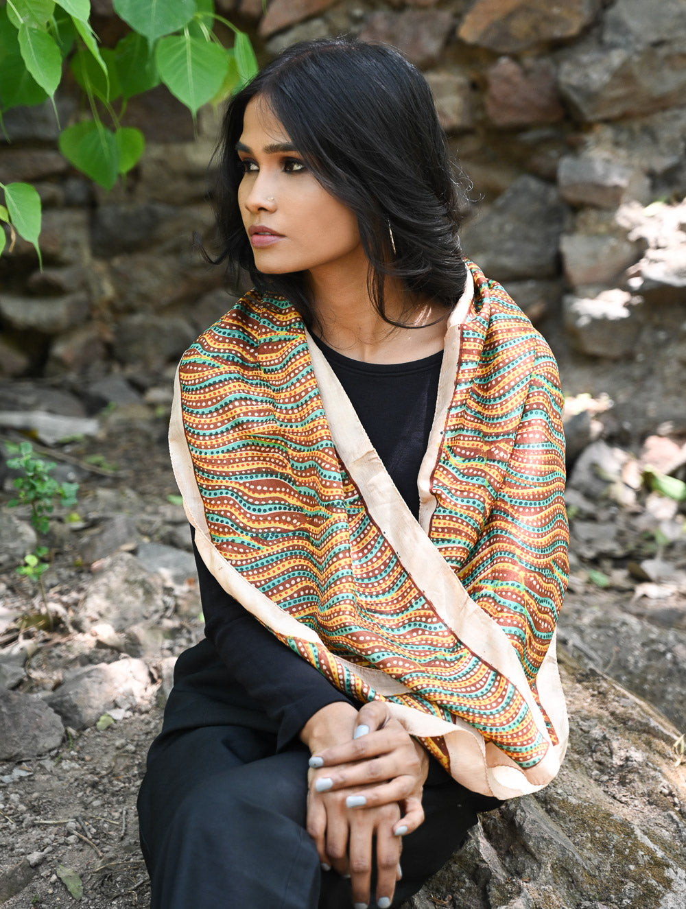 Light & Soft. Handcrafted Silk Batik Scarf - Desert Rhythm