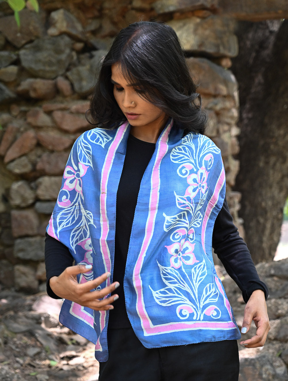 Light & Soft. Handcrafted Silk Batik Scarf - Bluebell Strands