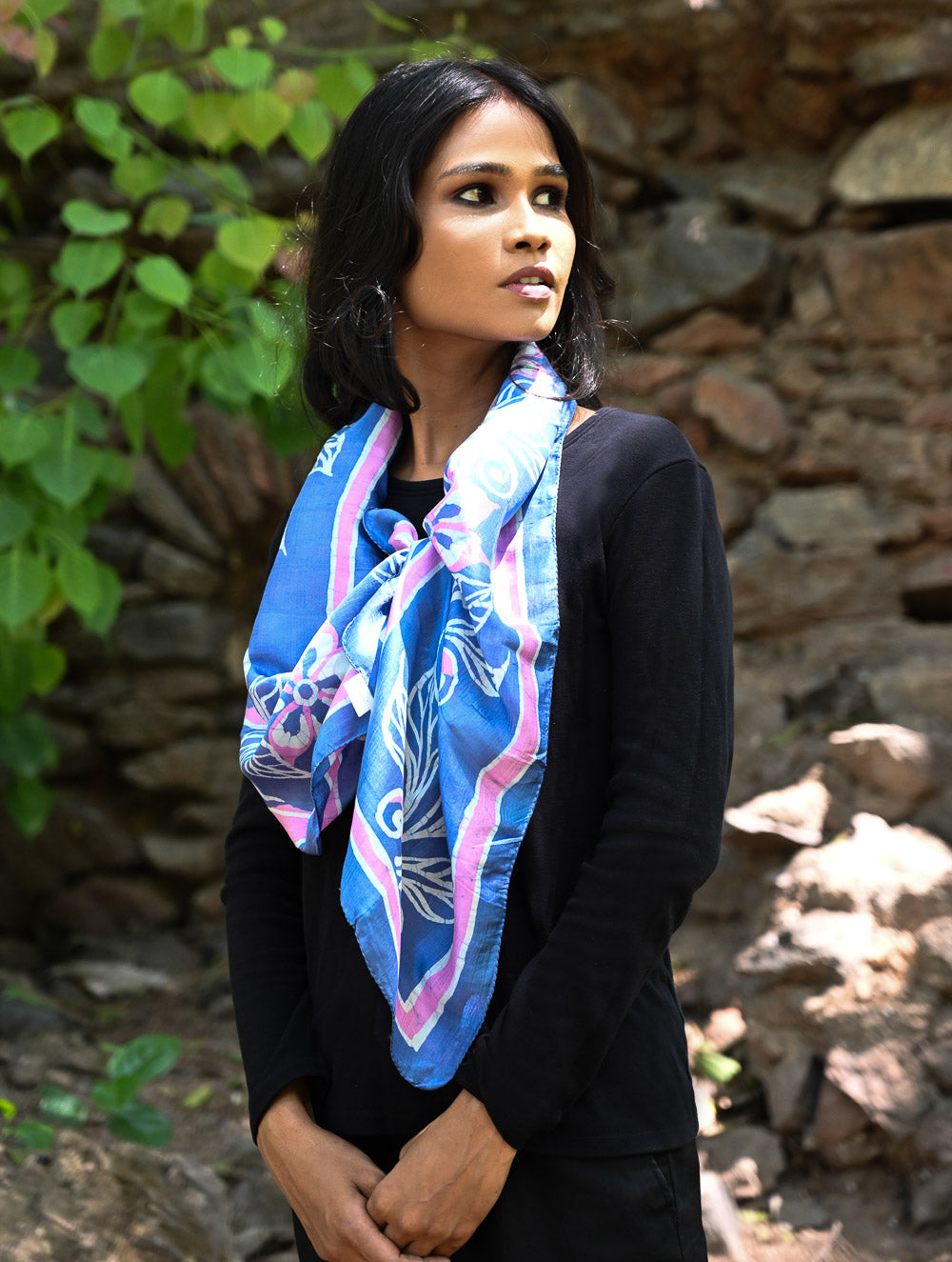 Light & Soft. Handcrafted Silk Batik Scarf - Bluebell Strands