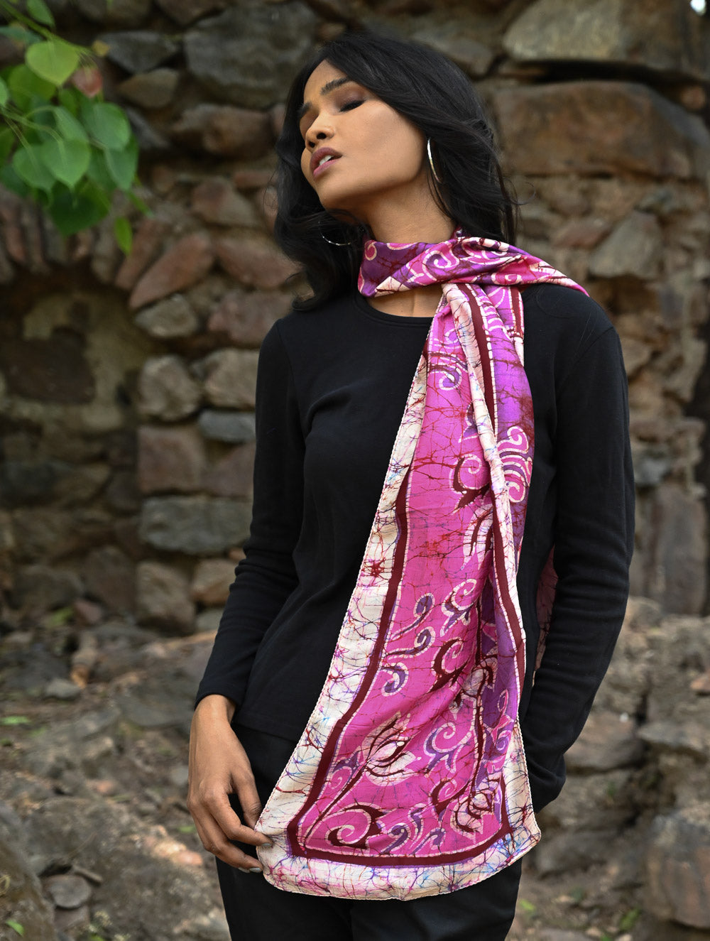 Light & Soft. Handcrafted Silk Batik Scarf - Fuchsia Whirl