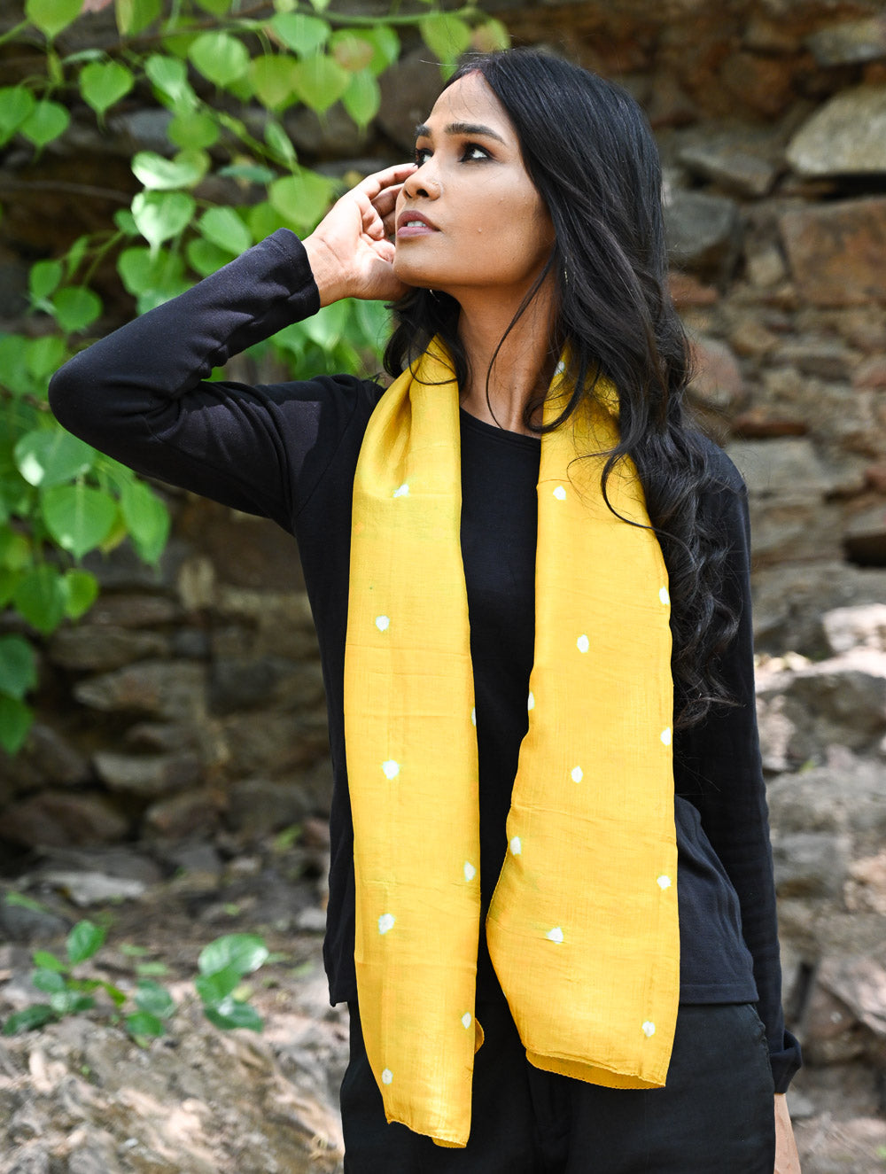 Light & Soft. Handcrafted Silk Bandhej Scarf - Sunshine Dots