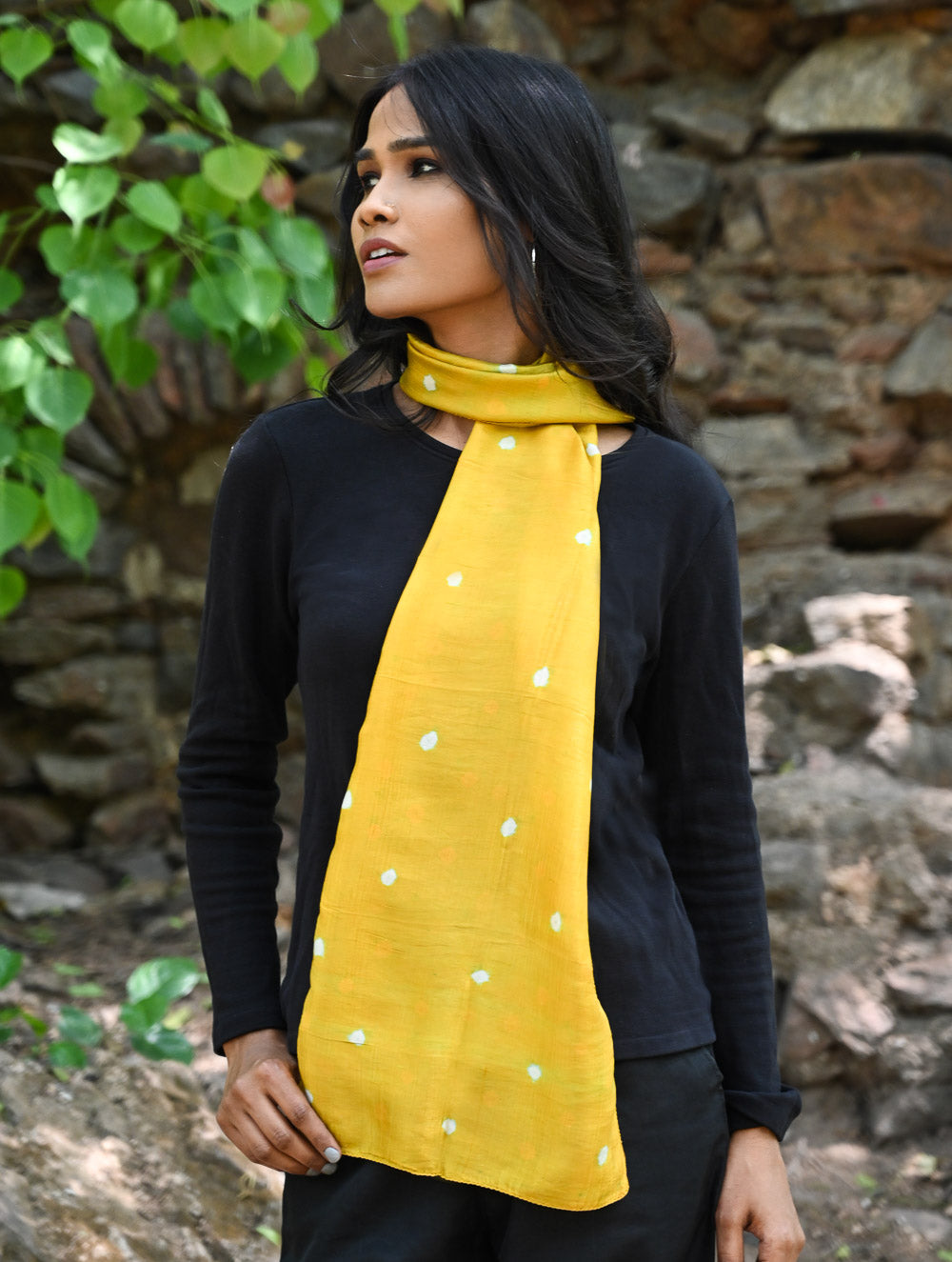 Light & Soft. Handcrafted Silk Bandhej Scarf - Sunshine Dots