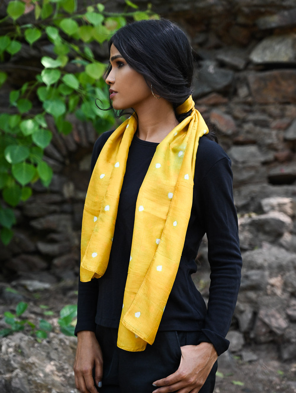 Light & Soft. Handcrafted Silk Bandhej Scarf - Sunshine Dots