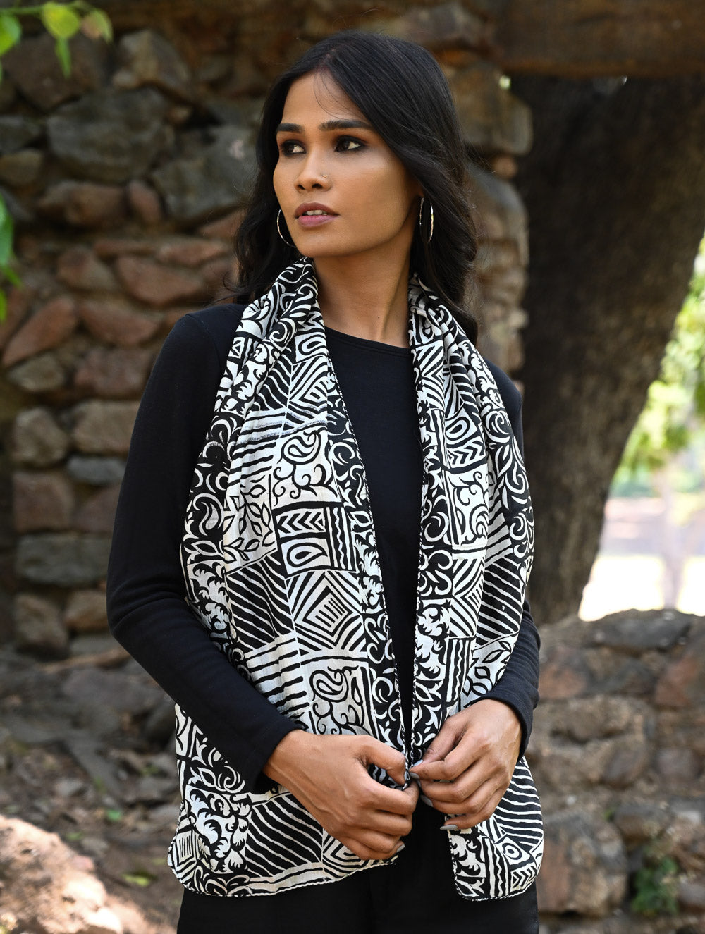 Light & Soft. Handcrafted Silk Batik Scarf - Monochrome Mosaic