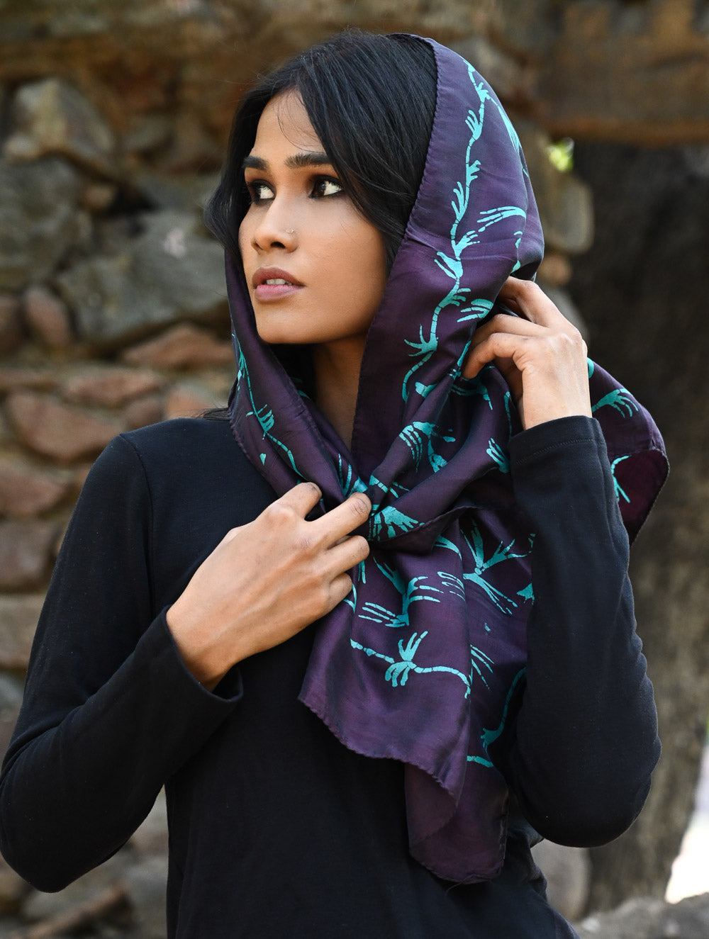 Light & Soft. Handcrafted Silk Batik Scarf - Midnight Vine