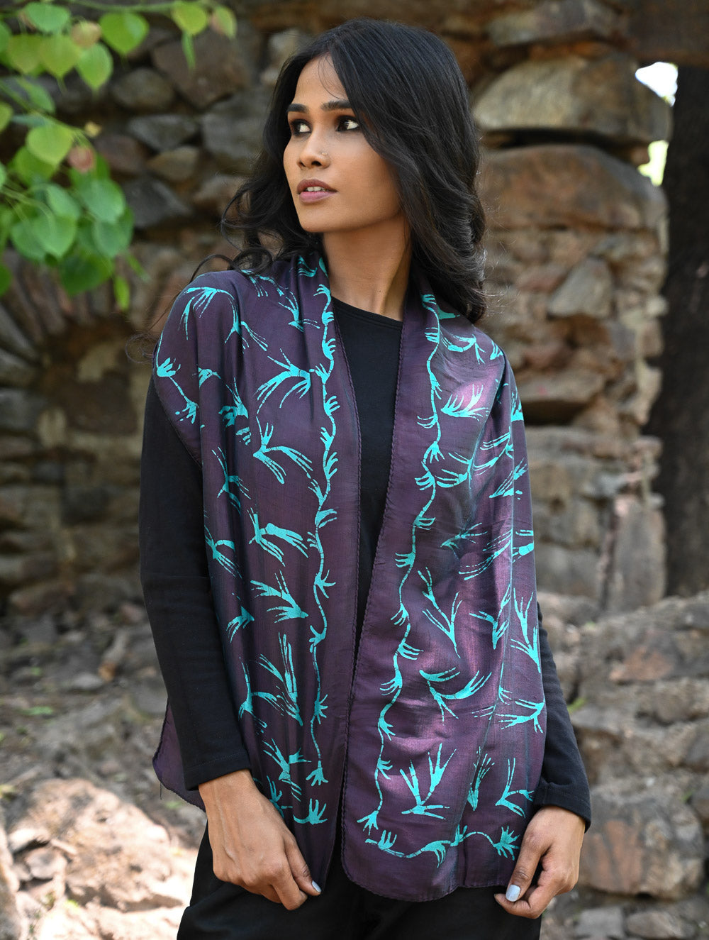 Light & Soft. Handcrafted Silk Batik Scarf - Midnight Vine