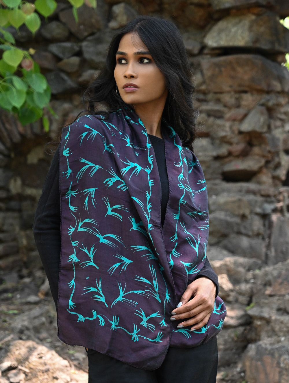 Light & Soft. Handcrafted Silk Batik Scarf - Midnight Vine