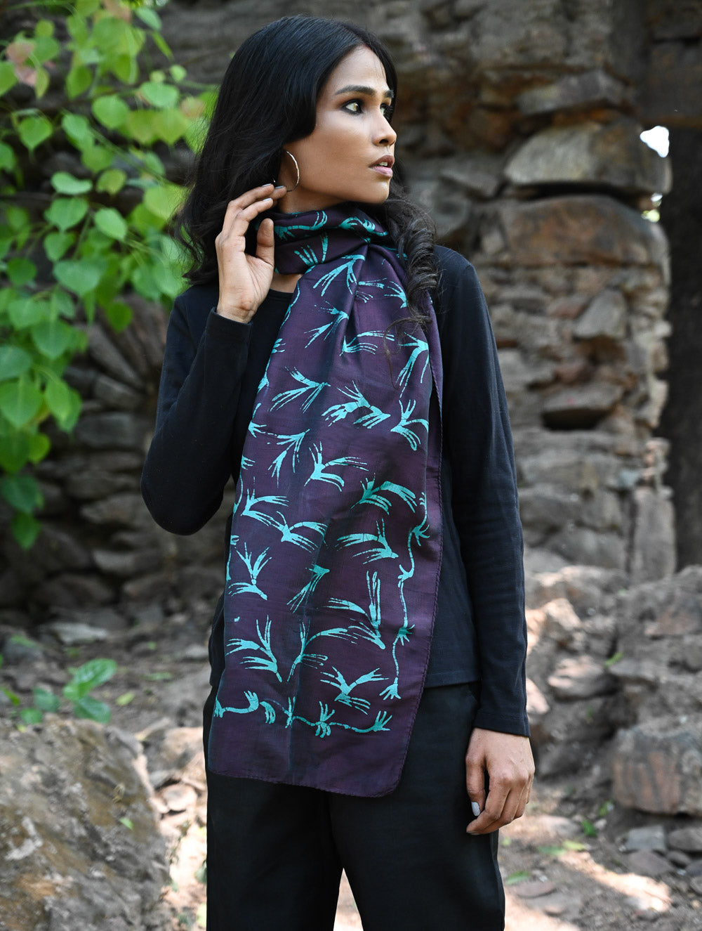 Light & Soft. Handcrafted Silk Batik Scarf - Midnight Vine