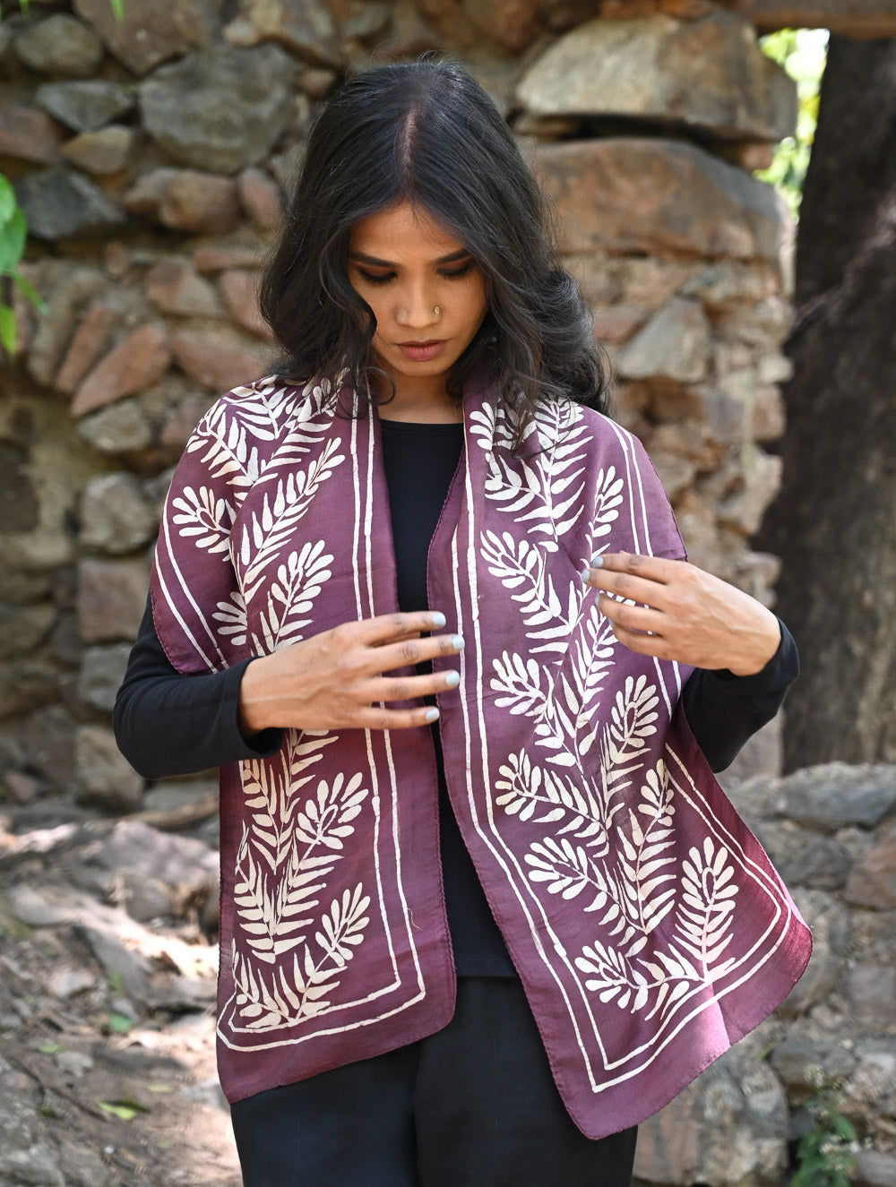 Light & Soft. Handcrafted Silk Batik Scarf - Brown Plum