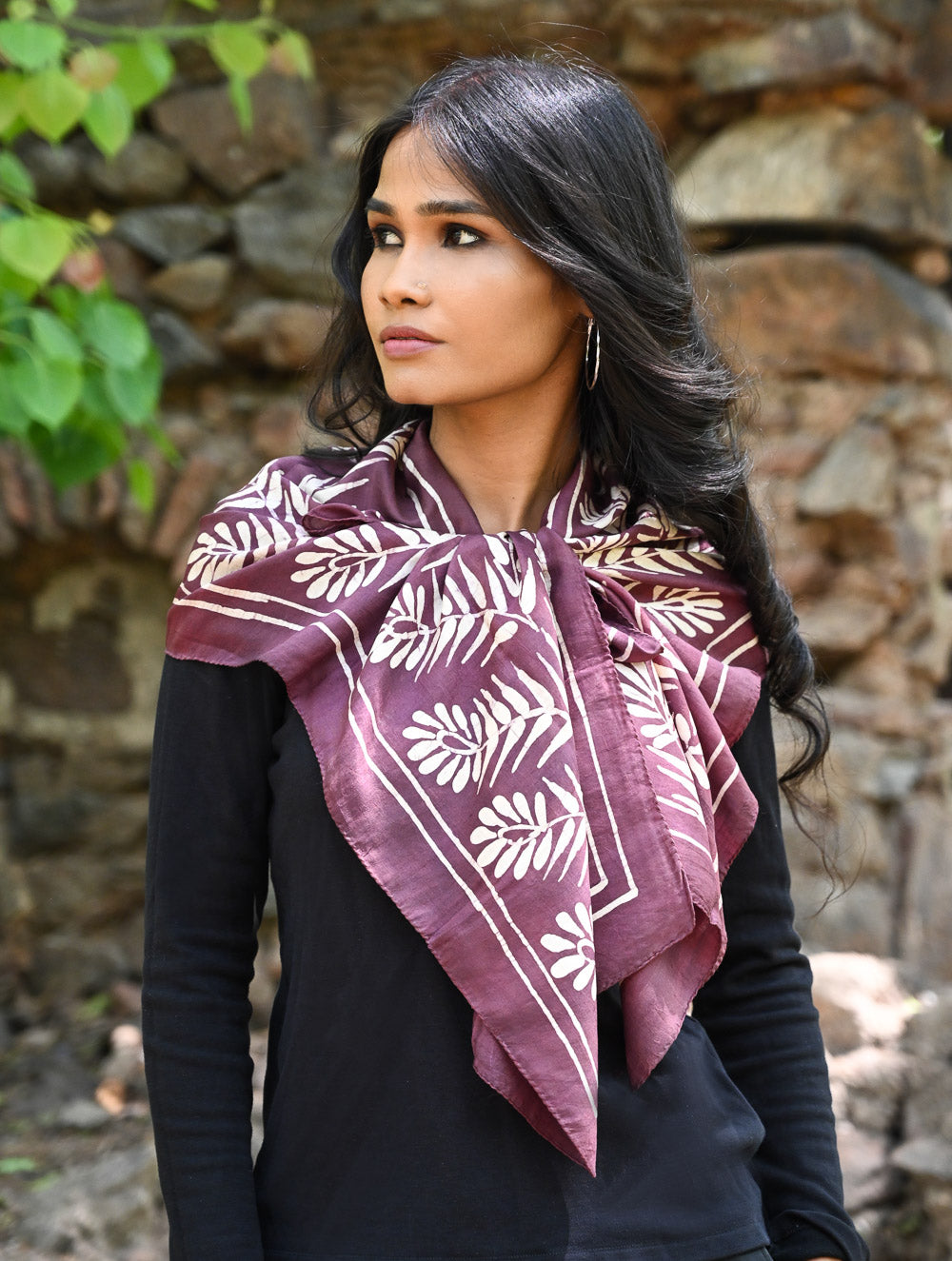 Light & Soft. Handcrafted Silk Batik Scarf - Brown Plum