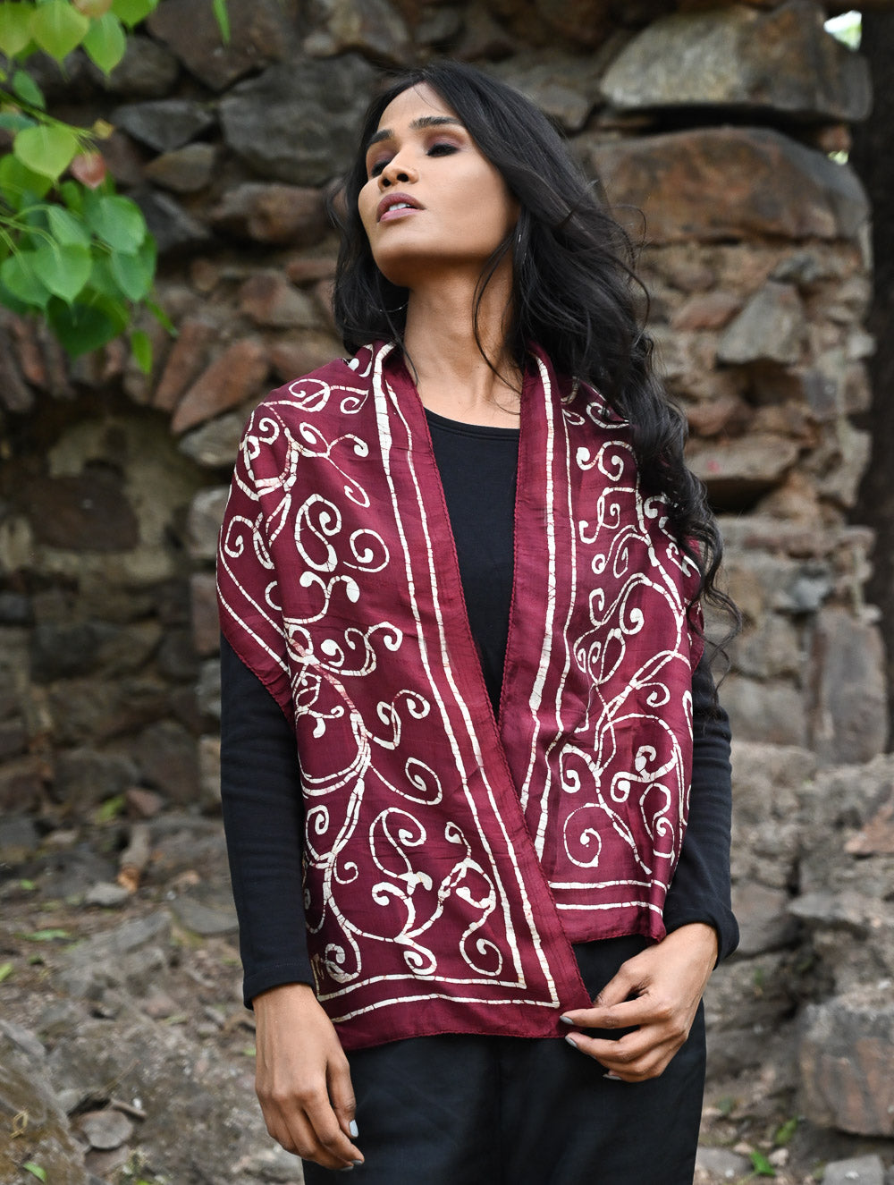 Light & Soft. Handcrafted Silk Batik Scarf - Whimsical Burgundy