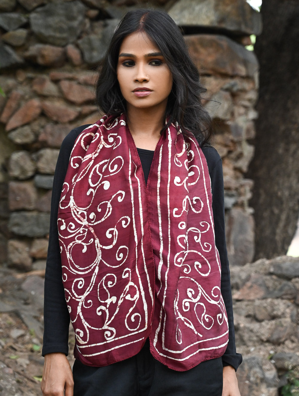 Light & Soft. Handcrafted Silk Batik Scarf - Whimsical Burgundy