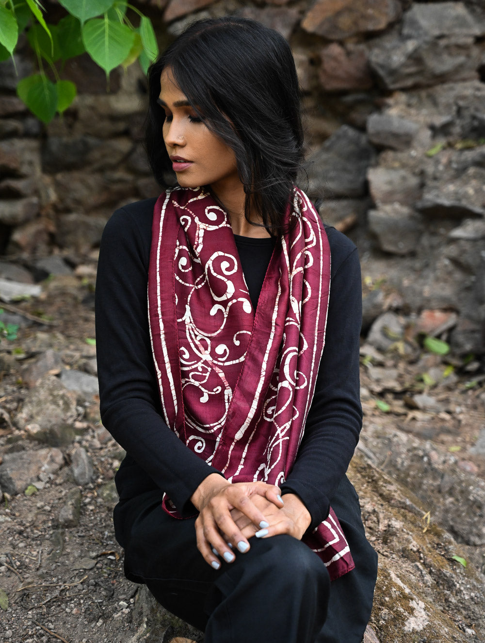 Light & Soft. Handcrafted Silk Batik Scarf - Whimsical Burgundy