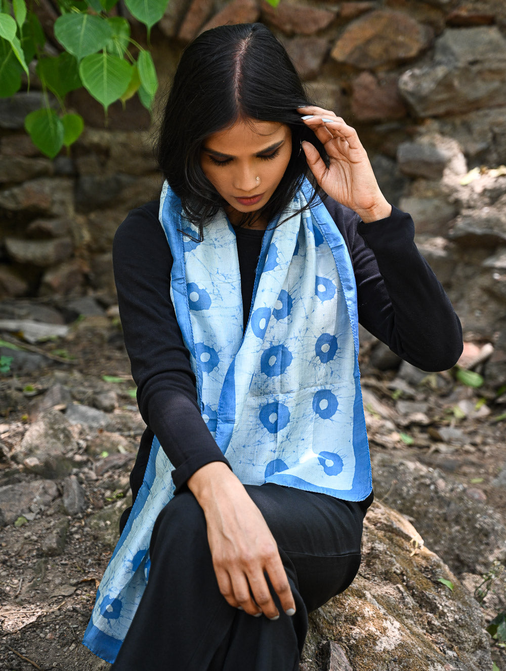 Light & Soft. Handcrafted Silk Batik Scarf - Blue Fields