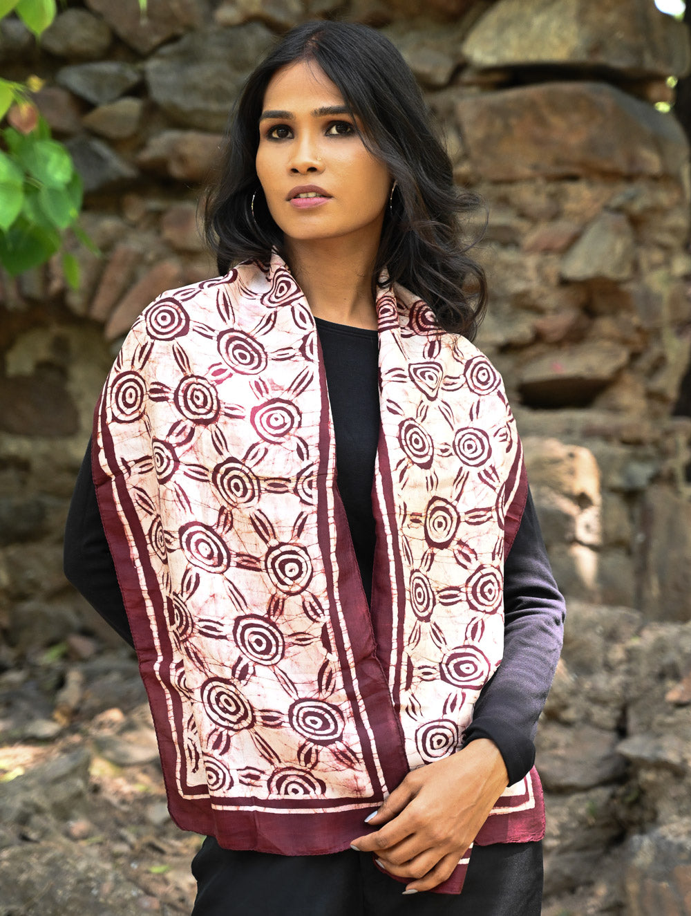 Light & Soft. Handcrafted Silk Batik Scarf - Sun Maroon