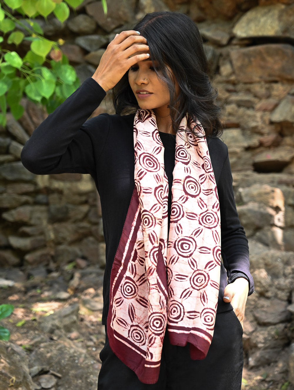 Light & Soft. Handcrafted Silk Batik Scarf - Sun Maroon
