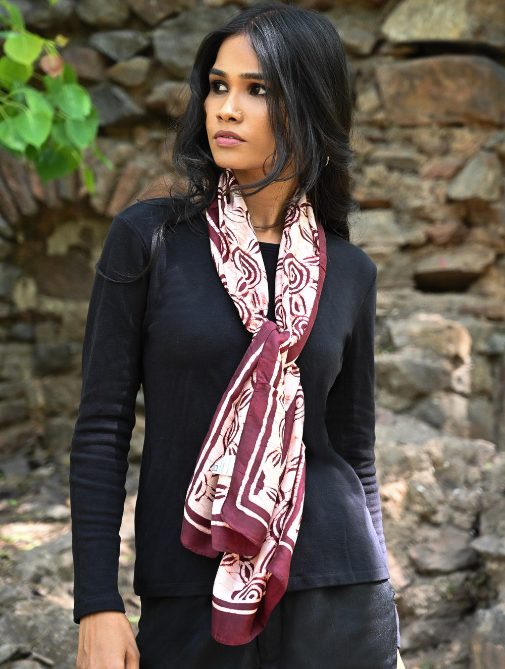 Light & Soft. Handcrafted Silk Batik Scarf - Sun Maroon