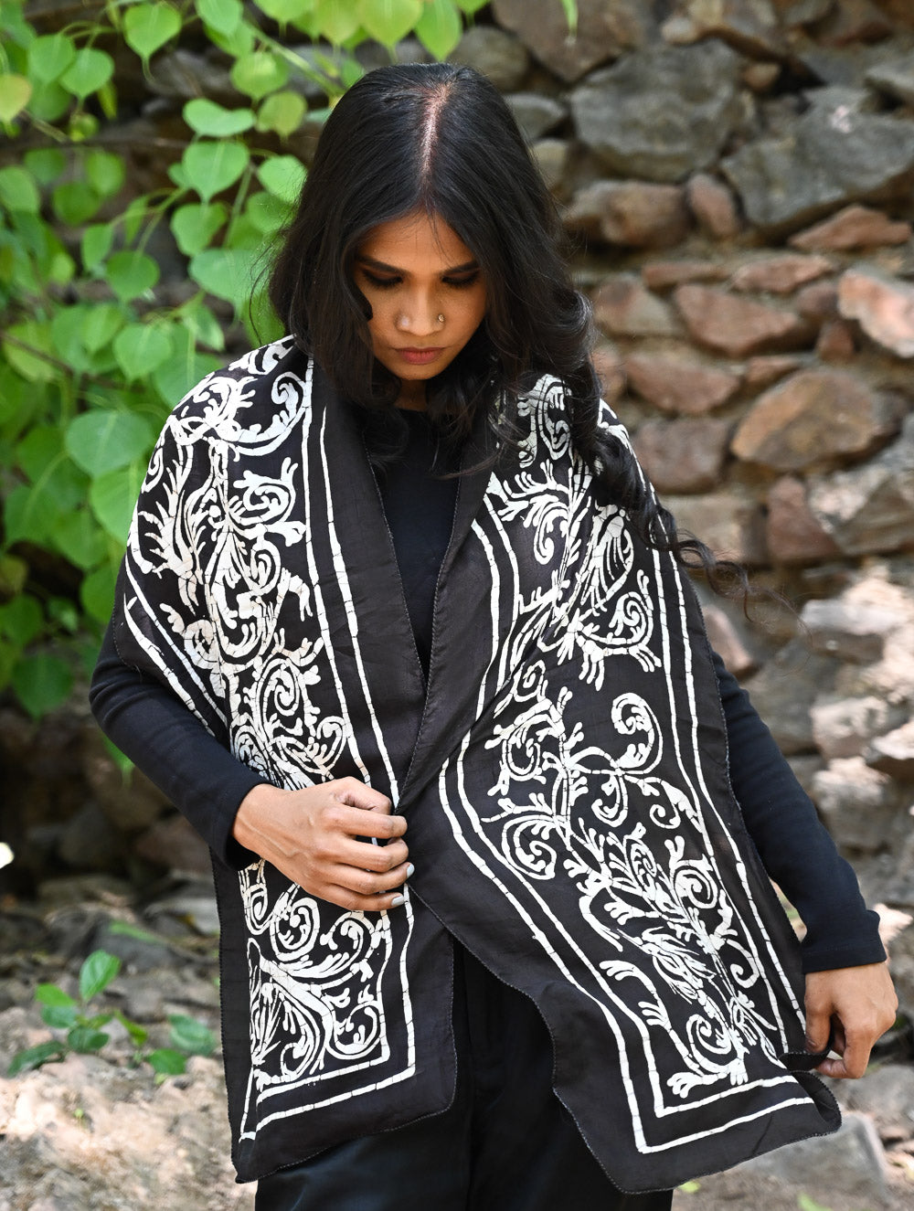 Light & Soft. Handcrafted Silk Batik Scarf - Ebony Scroll