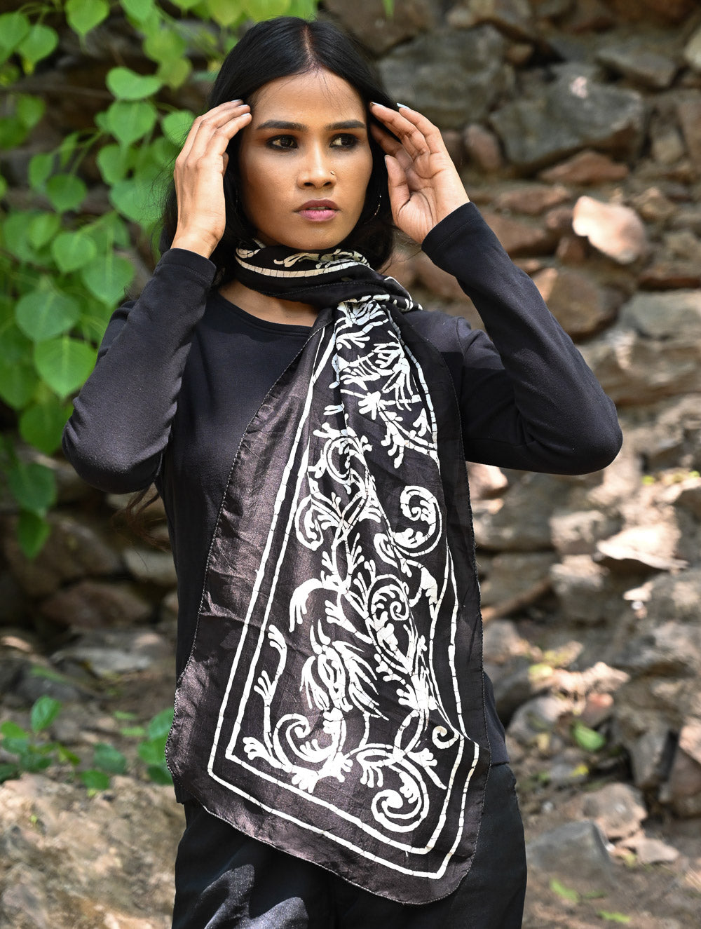 Light & Soft. Handcrafted Silk Batik Scarf - Ebony Scroll