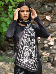 Light & Soft. Handcrafted Silk Batik Scarf - Ebony Scroll