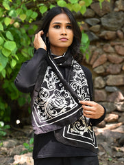 Light & Soft. Handcrafted Silk Batik Scarf - Ebony Scroll