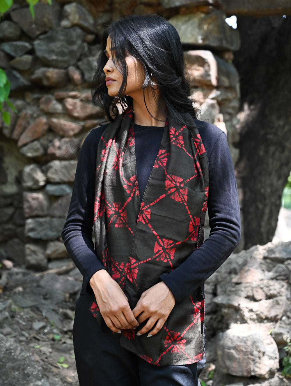 Light & Soft. Handcrafted Silk Batik Scarf - Crimson Grid