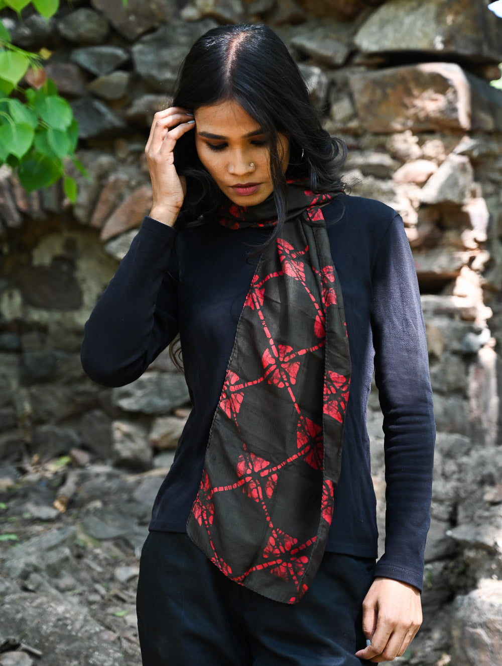 Light & Soft. Handcrafted Silk Batik Scarf - Crimson Grid