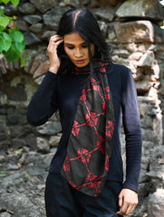 Light & Soft. Handcrafted Silk Batik Scarf - Crimson Grid