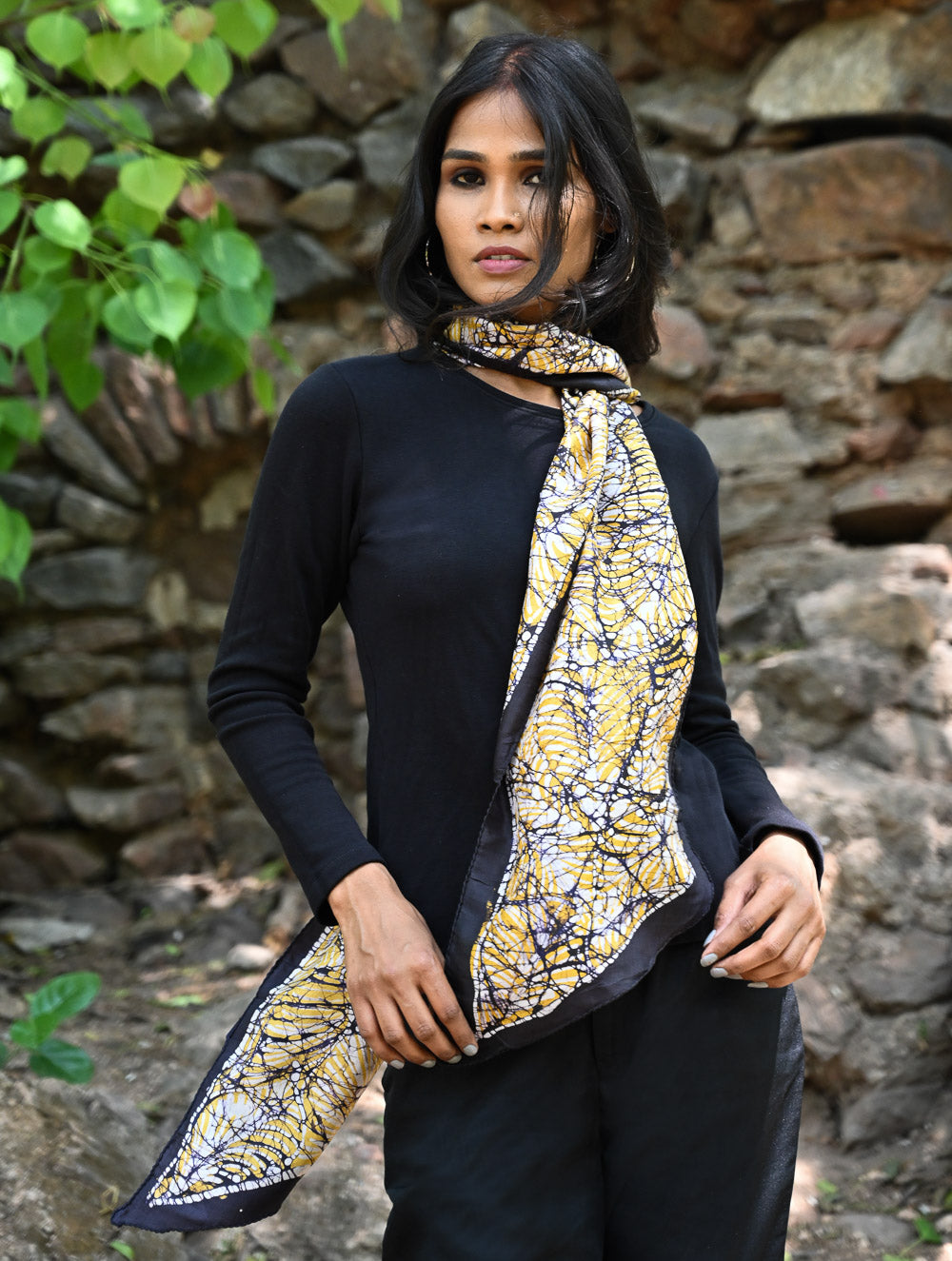 Light & Soft. Handcrafted Silk Batik Scarf - Golden Web