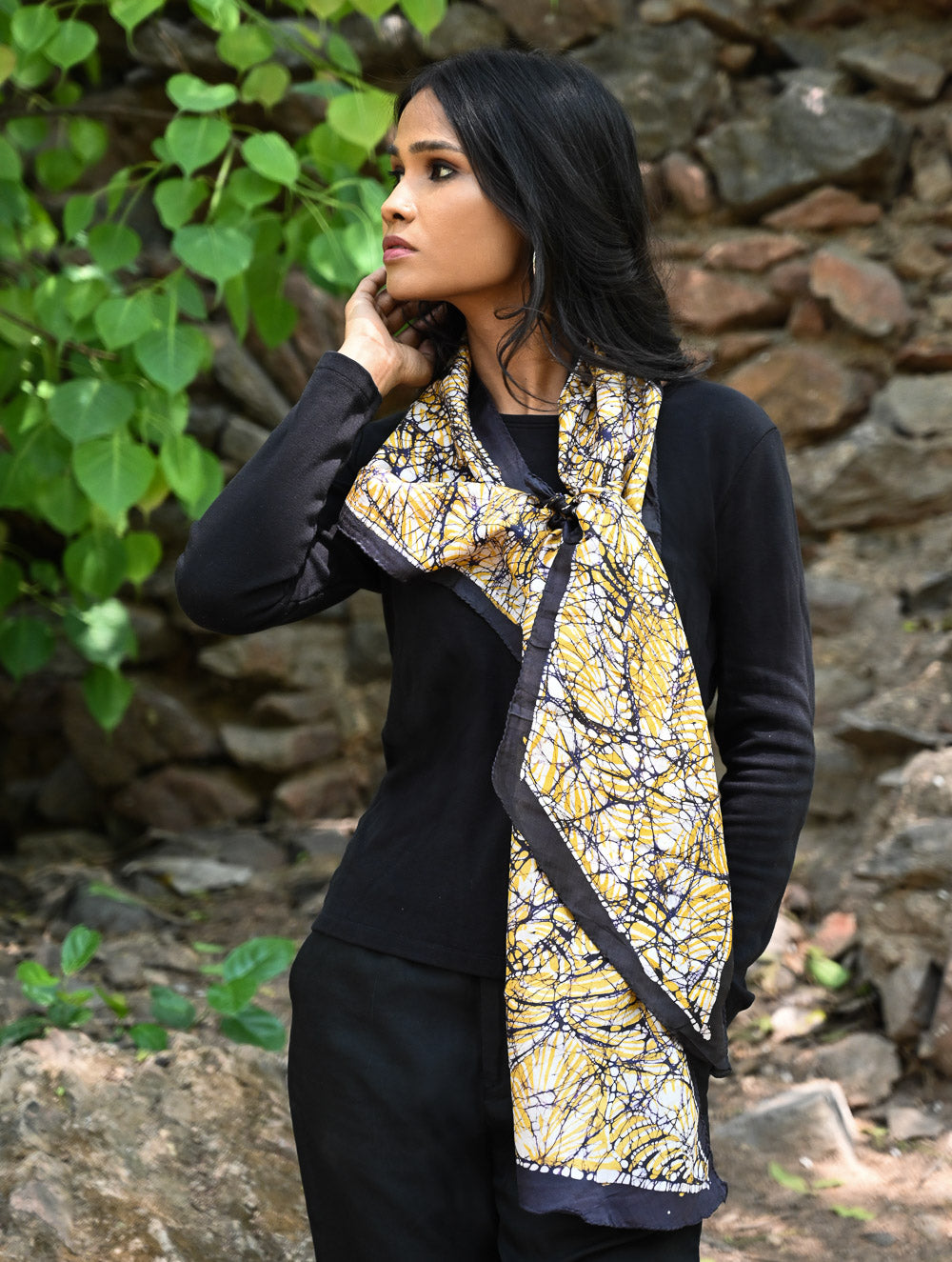 Light & Soft. Handcrafted Silk Batik Scarf - Golden Web