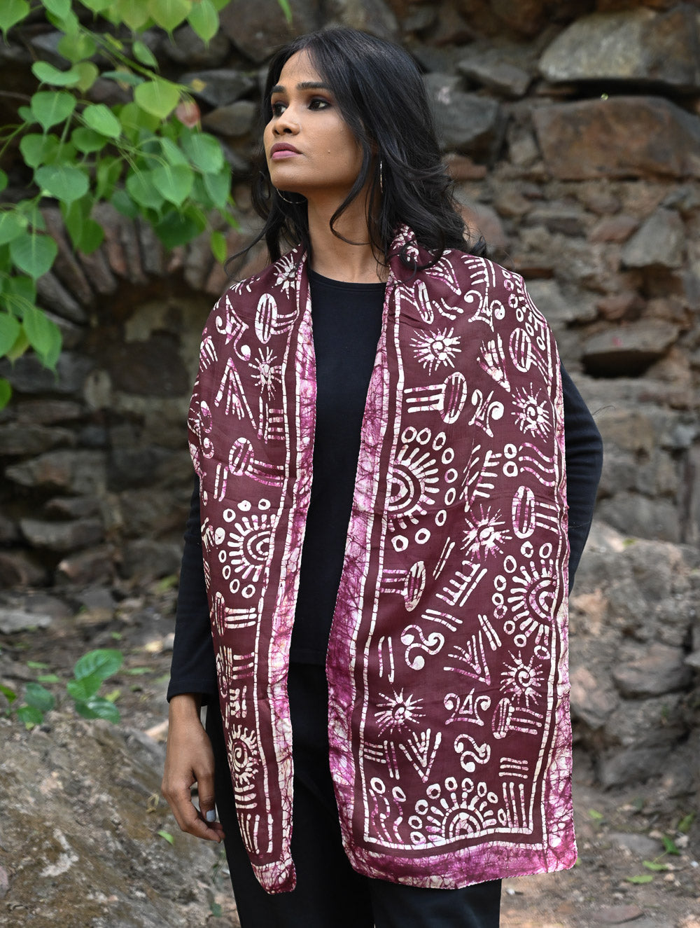 Light & Soft. Handcrafted Silk Batik Scarf - Burgundy Glyph