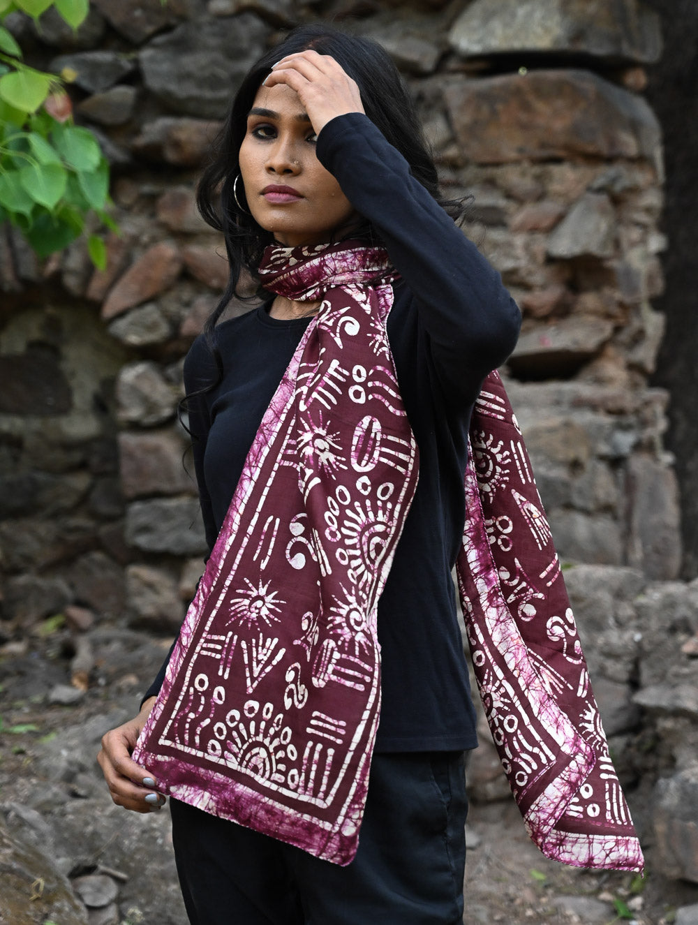 Light & Soft. Handcrafted Silk Batik Scarf - Burgundy Glyph
