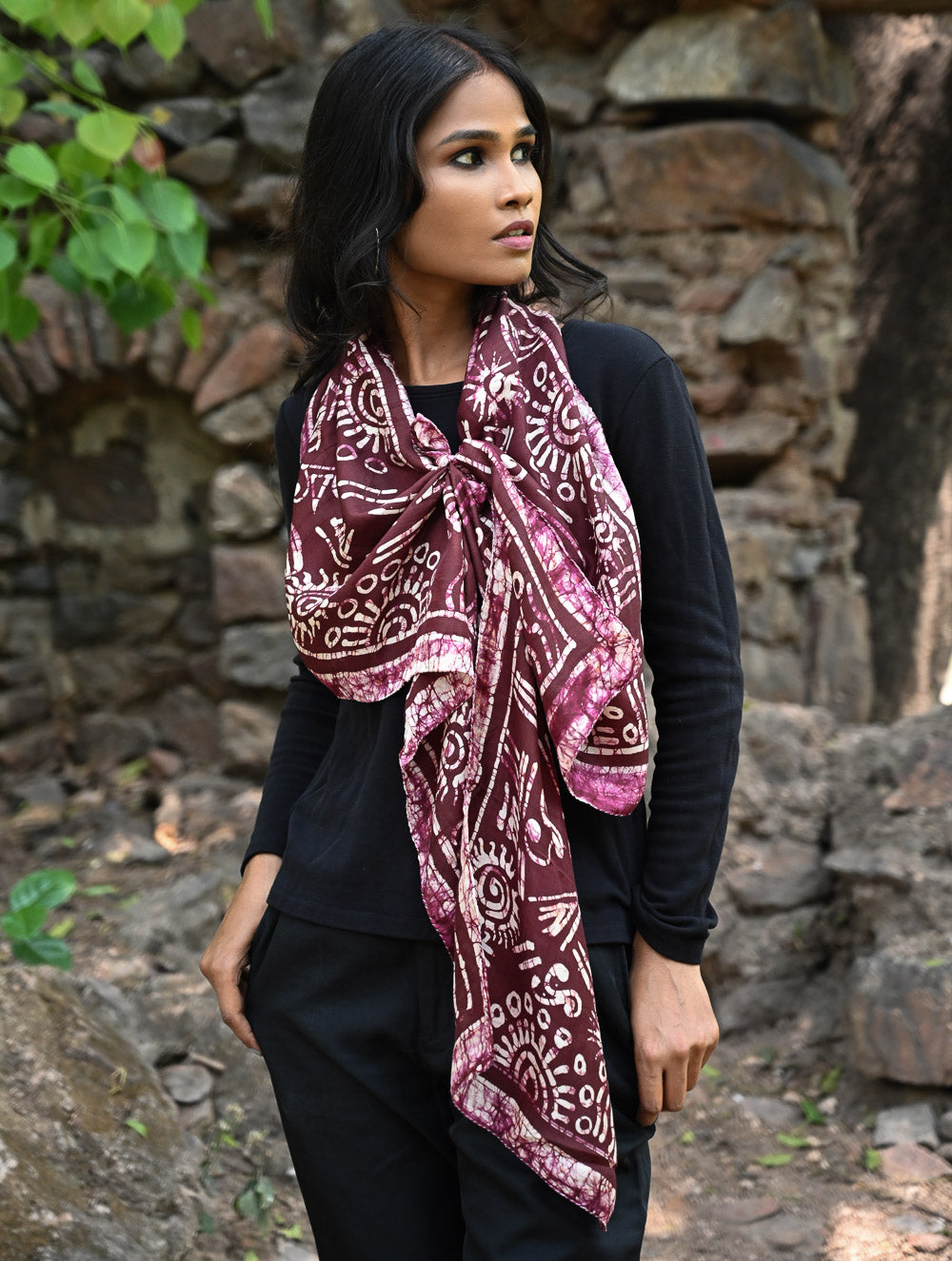 Light & Soft. Handcrafted Silk Batik Scarf - Burgundy Glyph