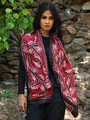 Light & Soft. Handcrafted Silk Batik Scarf - Ruby Feathers