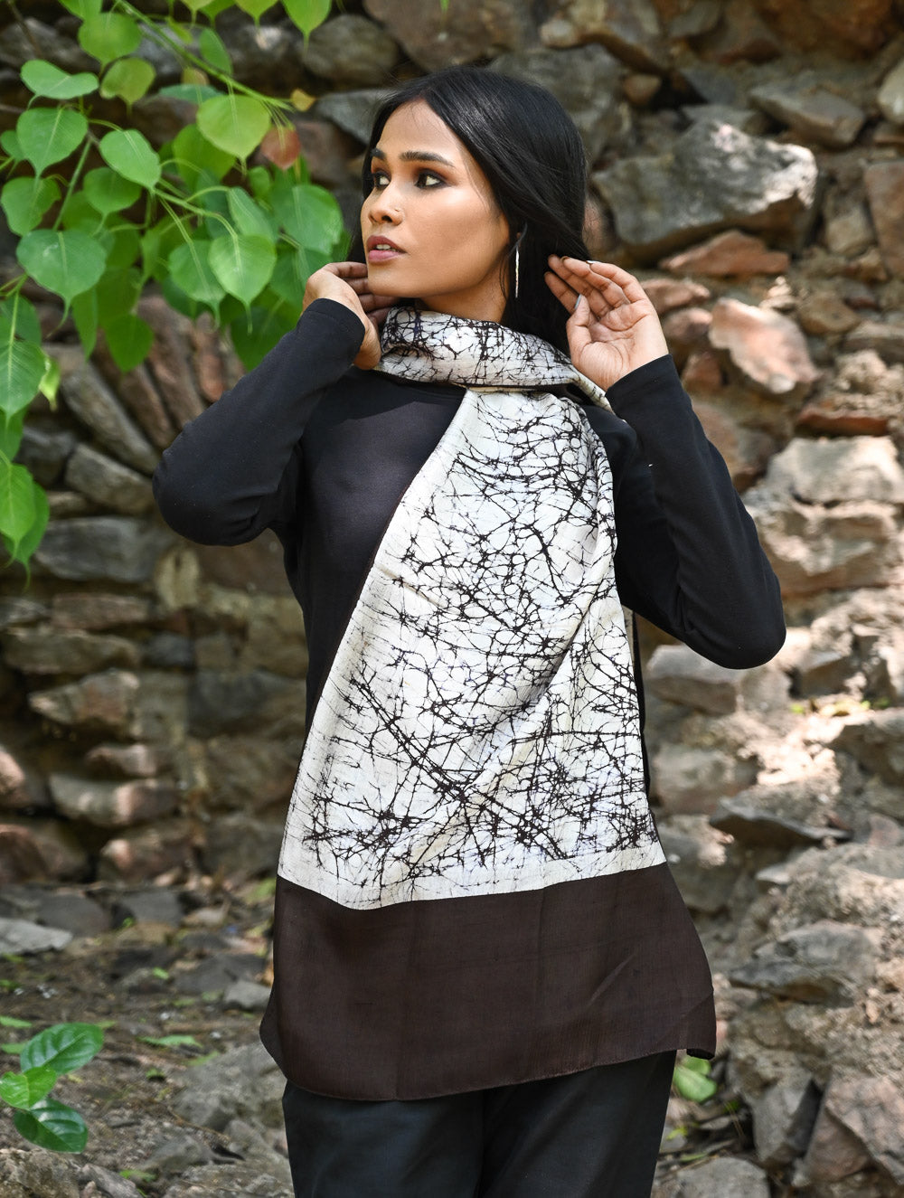 Light & Elegant. Handcrafted Silk Batik Stole - Cocoa Forest