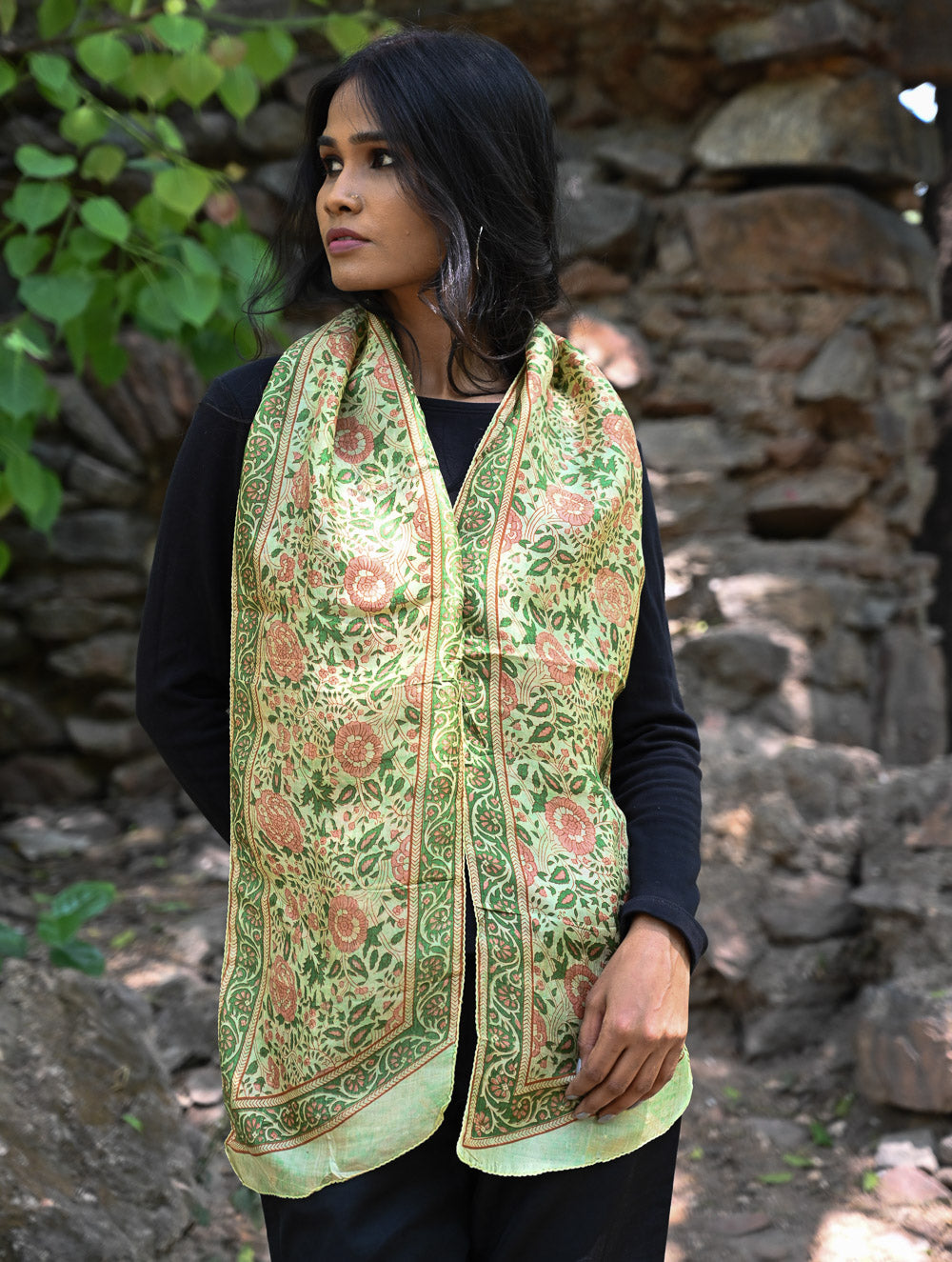 Light & Soft. Handcrafted Silk Batik Scarf - Sage Garden