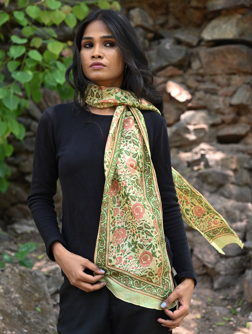 Light & Soft. Handcrafted Silk Batik Scarf - Sage Garden