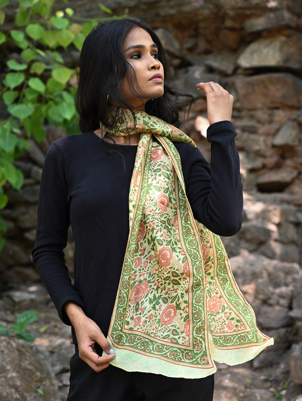 Light & Soft. Handcrafted Silk Batik Scarf - Sage Garden