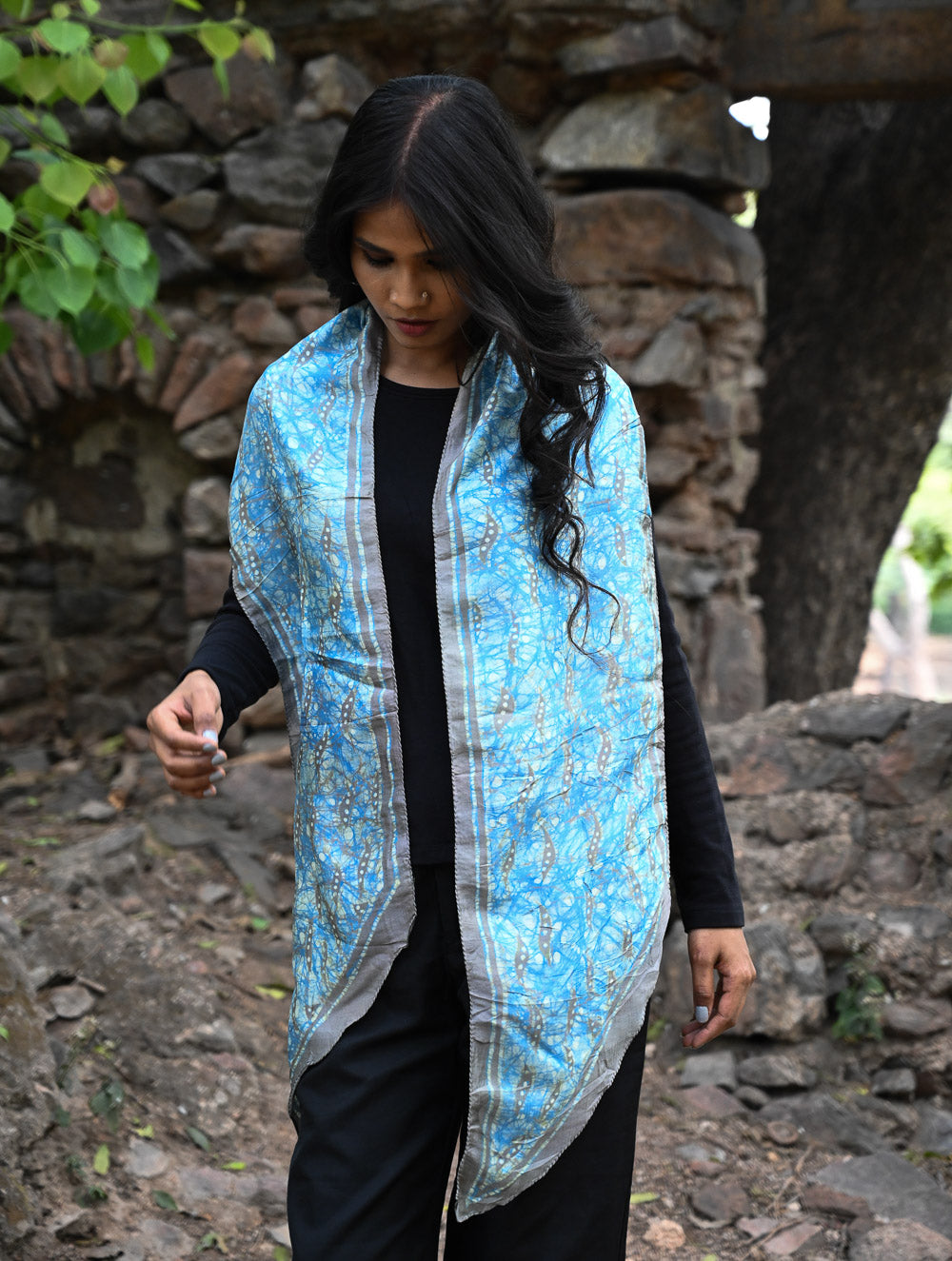Light & Soft. Handcrafted Silk Batik Scarf - Sky Web