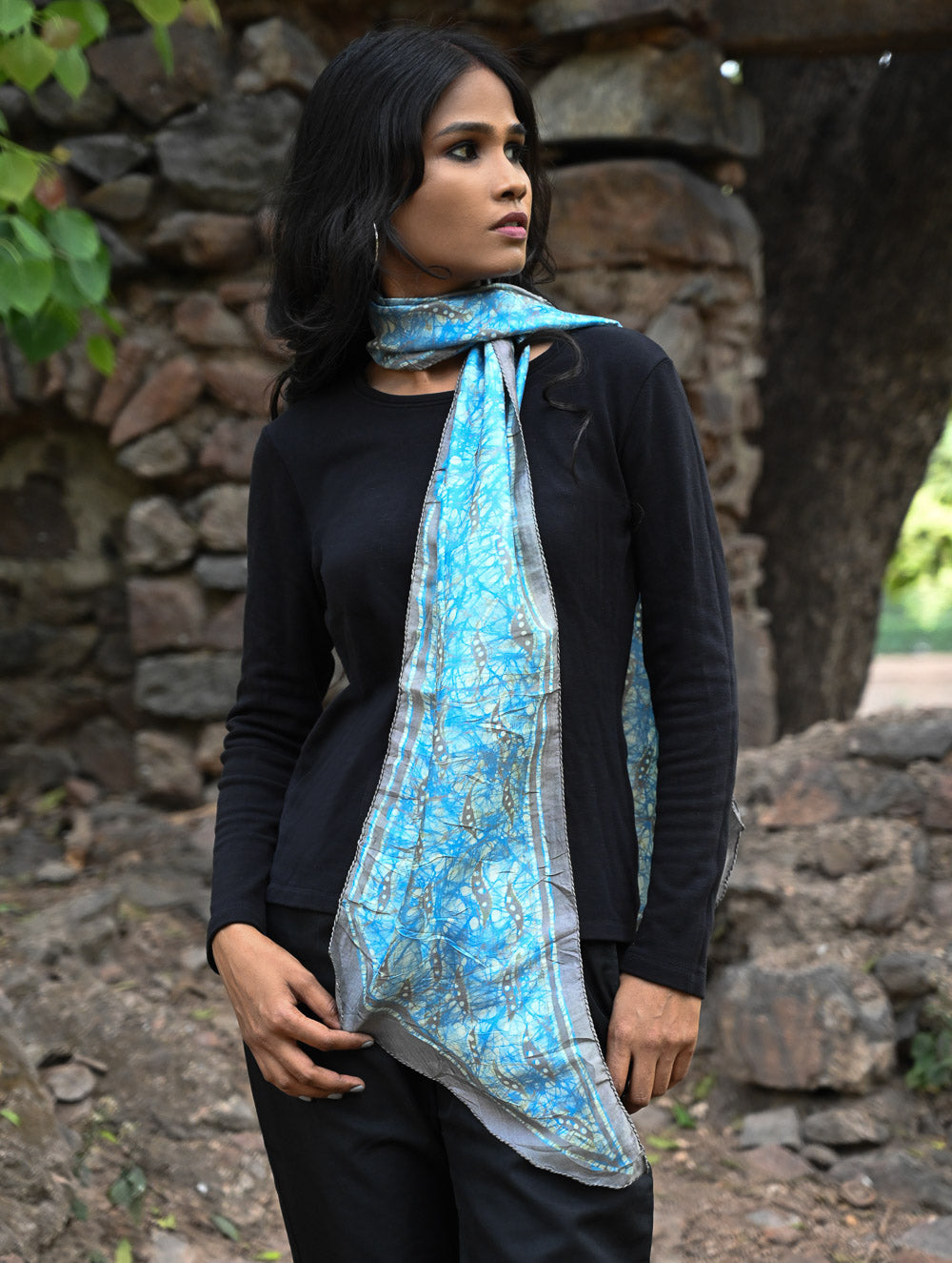 Light & Soft. Handcrafted Silk Batik Scarf - Sky Web