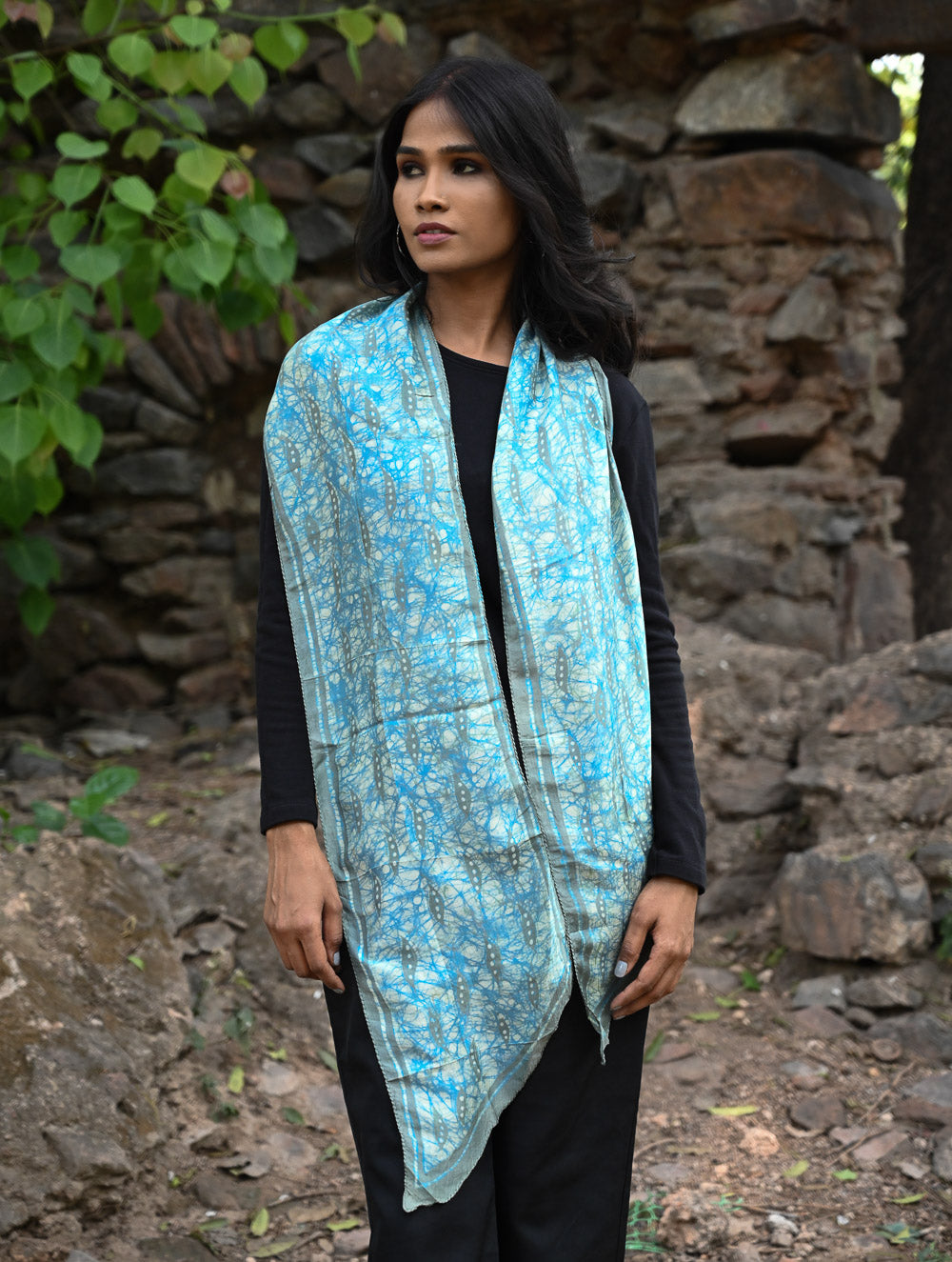 Light & Soft. Handcrafted Silk Batik Scarf - Blue Slate