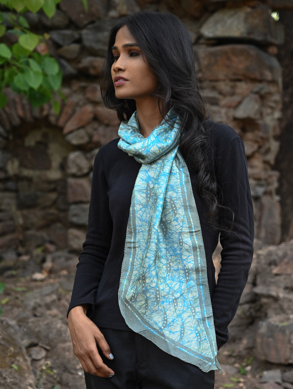 Light & Soft. Handcrafted Silk Batik Scarf - Blue Slate