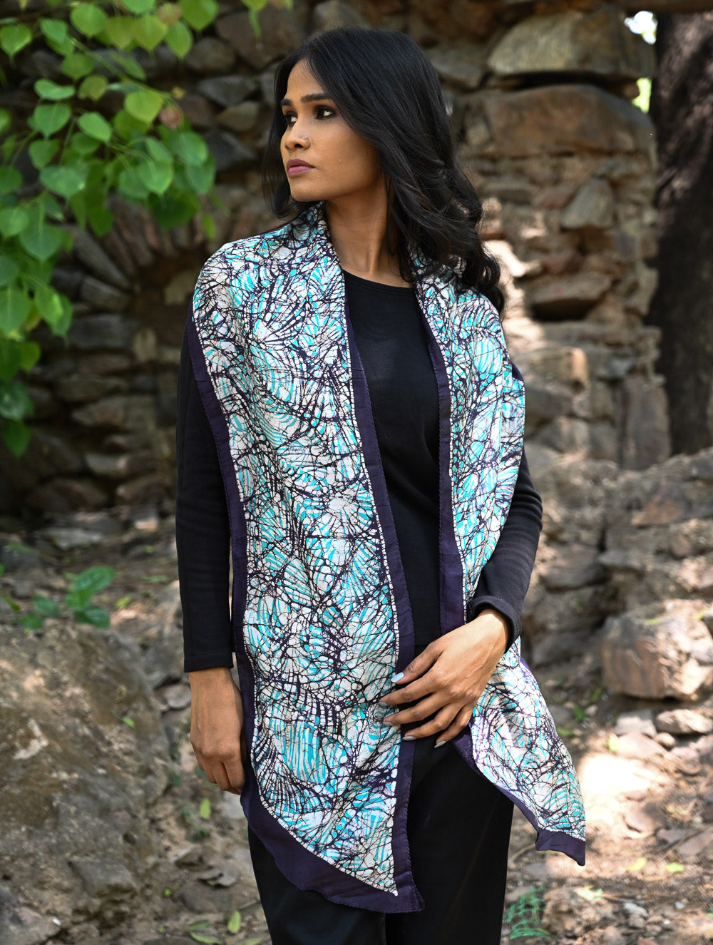 Light & Soft. Handcrafted Silk Batik Scarf - Turquoise Drape