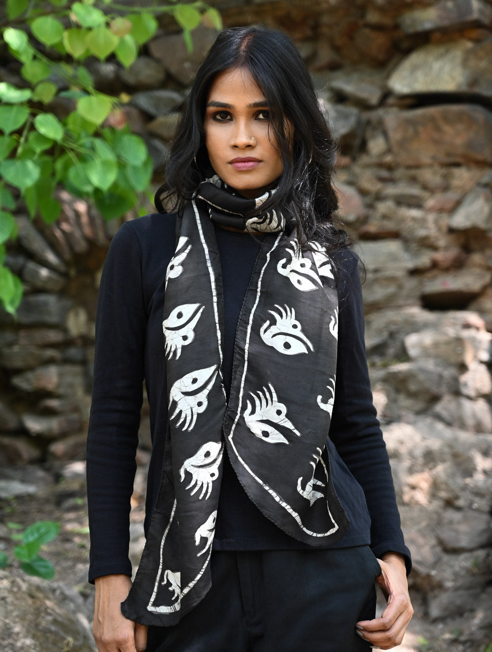 Light & Soft. Handcrafted Silk Batik Scarf - Ivory Abstract