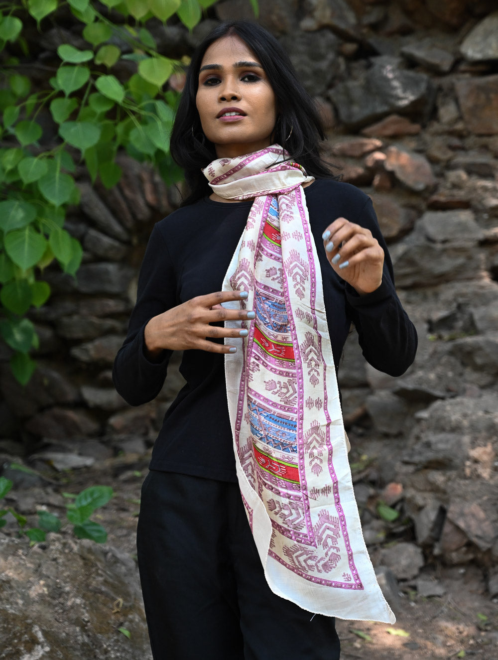 Light & Soft. Handcrafted Silk Batik Scarf - Tribal Tapestry