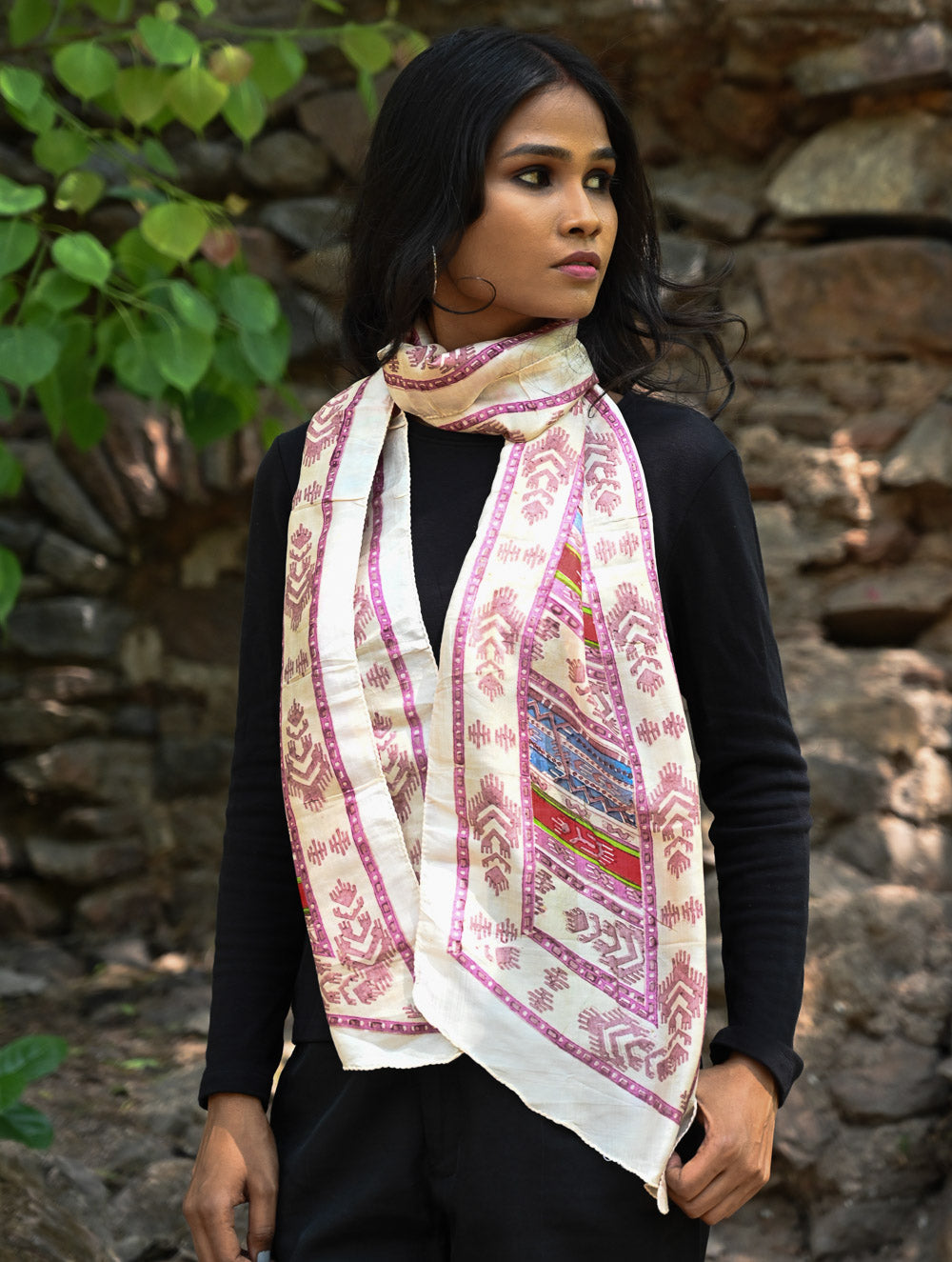Light & Soft. Handcrafted Silk Batik Scarf - Tribal Tapestry
